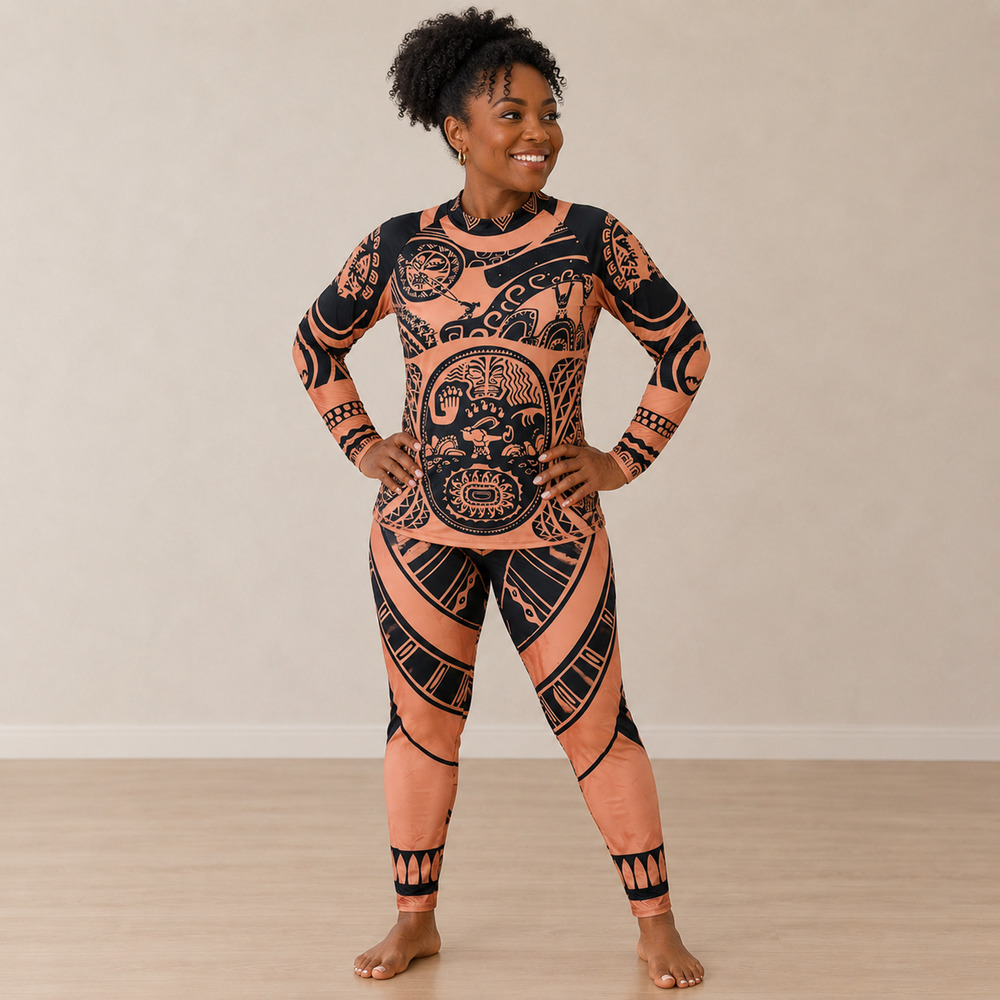 Womens 2 Pc Polynesian Tribal Legging Set Large Peach Black Lightweight Stretch